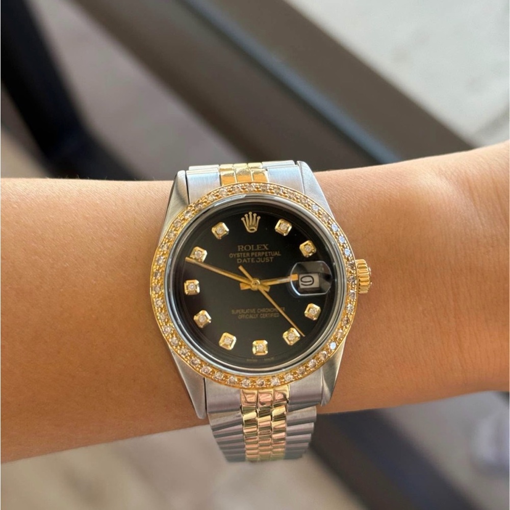 Rolex Two-Tone Black Dial Diamond Bezel Watch